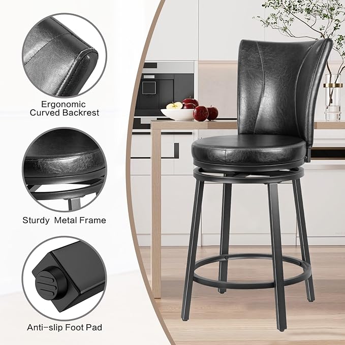 Bar Stools Set of 2, Counter Height Swivel Bar Chair with High Backrest, 24 inch Round Seat Barstools for Kitchen Island, Pub, Metal Base, Upholstered PU Leather Dining Chairs Black