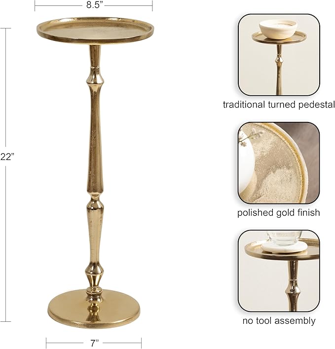 Kate and Laurel Carling Traditional Metal Round Drink Table, 9 x 9 x 22, Gold, Vintage Cast Aluminum Accent Table with Unique Spindle Design for Use as Indoor Plant Stand or Living Room Decor Piece