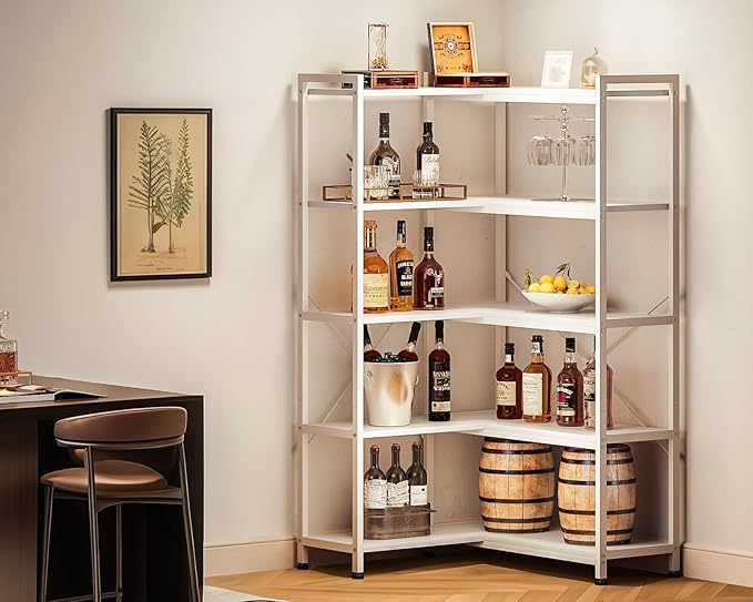 Casaottima Corner Bookshelf 5 Tier, 57 Inches Reversible Book Shelf for Living Room, Industrial Wooden Bookcase with Open Shelves and Metal Frame for Bedroom, Home Office, Kitchen, White