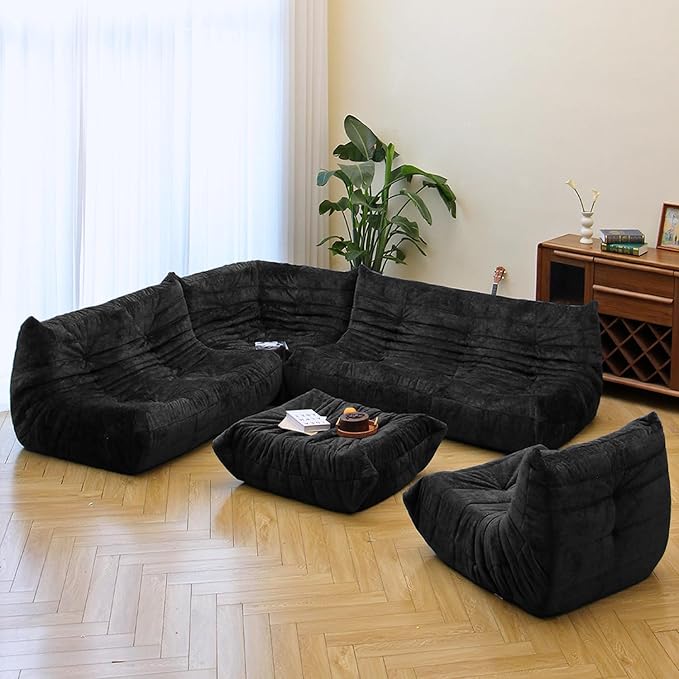N&V Fireside Chair, Mid Century Armless Floor Sofa, Soft Premium Chenille Floor Lounge Chair, Foam Sofa Accent Chair for Living Room Bedroom and Office (Black, Single)