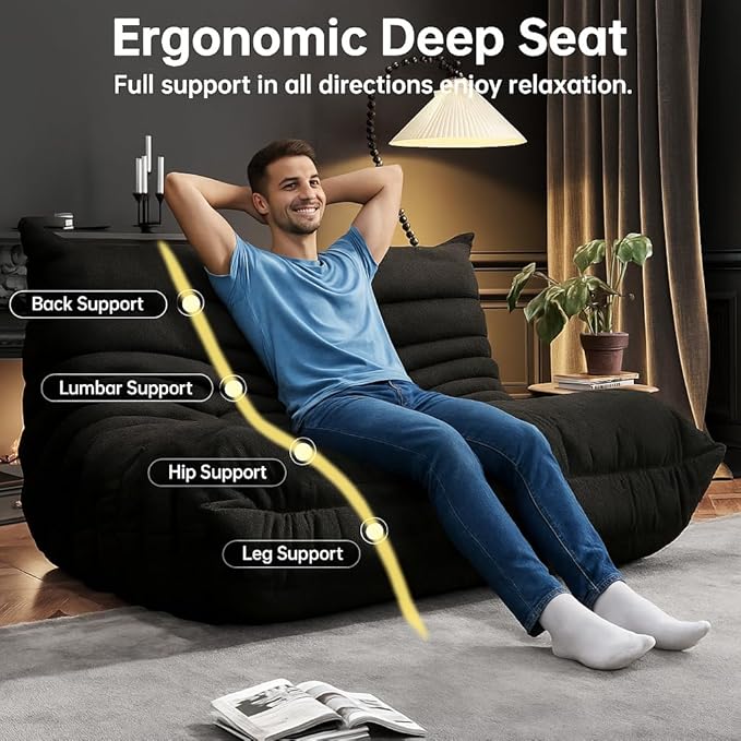 Bean Bag Chairs for Adults, Memory Foam Couch Loveseat Sofa Chair, Soft Teddy Material Cozy Comfy Reading Nook Chairs, Floor Chair for Living Room Bedroom Office(Black)