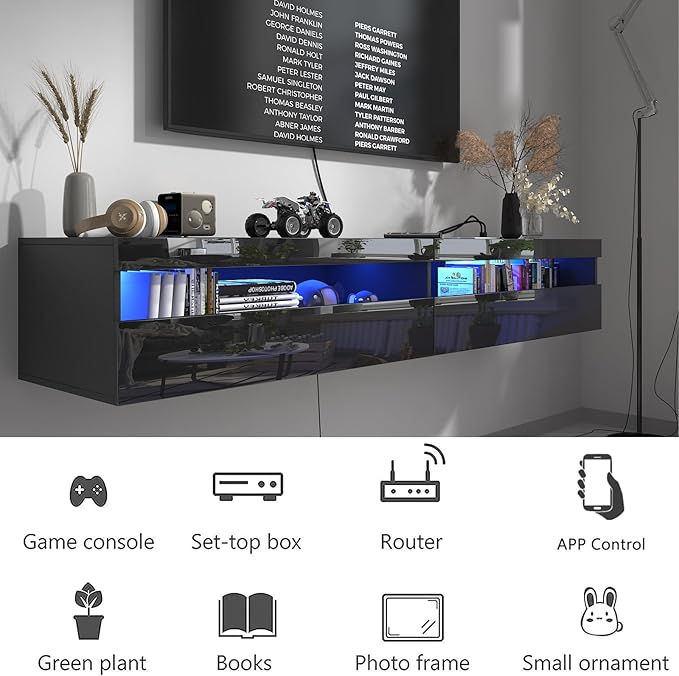 Floating TV Stand with Led Lights, 71 inch Wall Mounted TV Shelf with Power Outlet, Modern Entertainment Center Media Console with Storage Cabinet, Up to 80 Inch TVS, Black