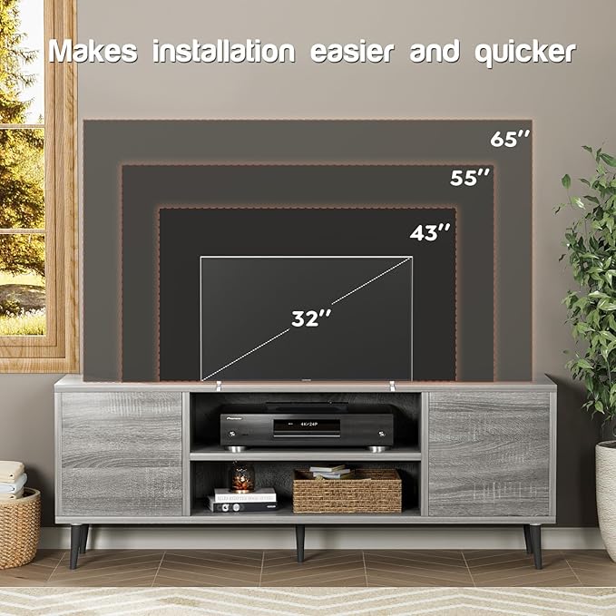 YESHOMY Modern TV Stand for 65" Television, Entertainment Center with Two Storage Cabinets, Retro Style Media Console for Living Room, Bedroom, Office, 58 Inch, Gray