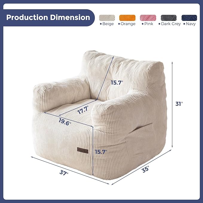 MAXYOYO Bean Bag Chair, Tufted Bean Bag Couch Lazy Chair, Living Room Sofa Couch with Filler for Adult Teens Kids, Corded Fabric Accent Sofa for Bedroom Dorm, Beige