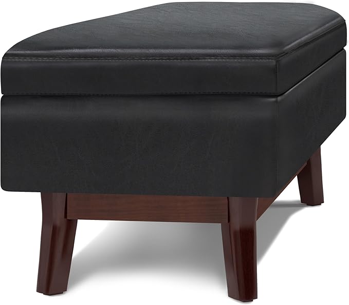SIMPLIHOME Owen 48 inch Wide Mid Century Modern Rectangle Rectangular Storage Ottoman in Midnight Black Vegan Faux Leather, Assembled, for the Living Room, Entryway and Family Room