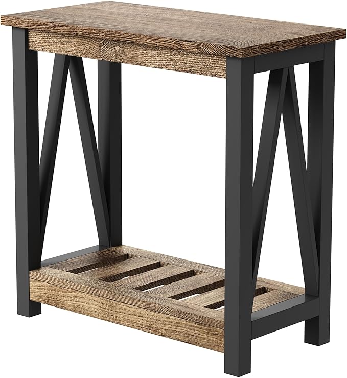 ChooChoo Farmhouse End Table, Narrow Side Table, Slim End Table with Storage Shelf for Small Spaces for Living Room, Bedroom Rustic Oak & Black