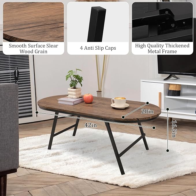 Folding Coffee Table for Small Spaces Wood and Metal Oval Coffee Table Portable Low Coffee Tables for Living Room, Home, Office, Light Brown
