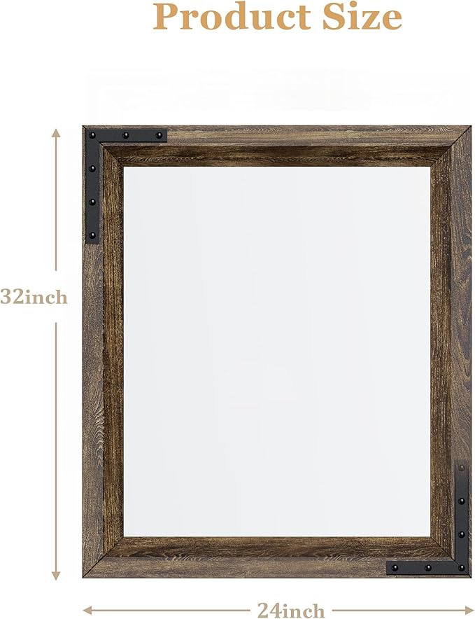 YOSHOOT Farmhouse Bathroom Mirror, Rustic Wooden Framed Mirror, Wood Vanity Mirror, Solid Wood & Handmade, Vertical or Horizontal Hanging for Bathroom Entryway Living Room Bedroom, 32" x 24", Brown
