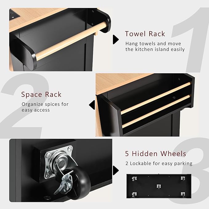 56" Large Kitchen Island with 2 Drop Leafs,Rolling Kitchen Cart on 5 Wheels W/Power Outlet & 3 Drawers,Folding Storage Dining Table W/Spice & Towel Racks,for Kitchen,Dining Room,Black