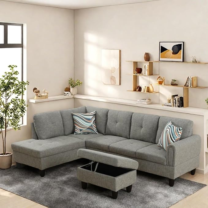 L Shaped Sectional Couches, Lounge Modular Sectional Sofa for Living Room Bedroom Furniture, Comfortable 4 Seat Couch with Ottoman Storage & Chaise, Grey