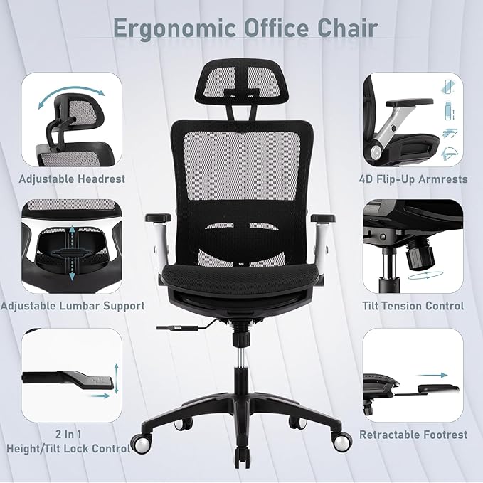 COLAMY Executive Mesh Office Chair with Footrest, Ergonomic Chair High Back with Adjustable Lumbar Support, Computer Desk Chair for Office/Work-Black