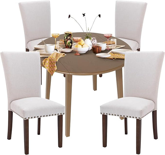 COLAMY 5-Piece Extendable Dining Set for 4, 36" Kitchen Round Wood Table with 4 Nailhead Dining Room Chairs,Light Brown/Beige