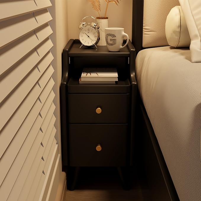 Small Nightstand with Drawers, Solid Wood Bedside Table, Narrow Walnut Nightstand for Bedroom