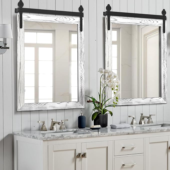 YOSHOOT Farmhouse Barn Door Mirror, 40"x30" Rustic Wood Framed Wall Mirror, Wall Mounted Vintage Mirror, Wooden Farmhouse Style for Bathroom Living Room Entryway, White, Vertical Hanging ONLY