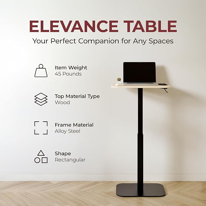 Ergohome™ ELEVANCE Table™ Effortless Height Adjustable Side Table for Couch Bed, Laptop Table - Small End Table Office Coffee Table - Superior Stability Sofa Side Table (Black Base & Washed Oak Top)