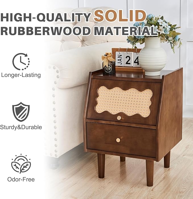 Uniclinens Rattan Nightstand with Drawer, Solid Wood Farmhouse Nightstand, 21" Bedside Table for Bedroom Sofa Side, Wooden End Tables Living Room, Walnut