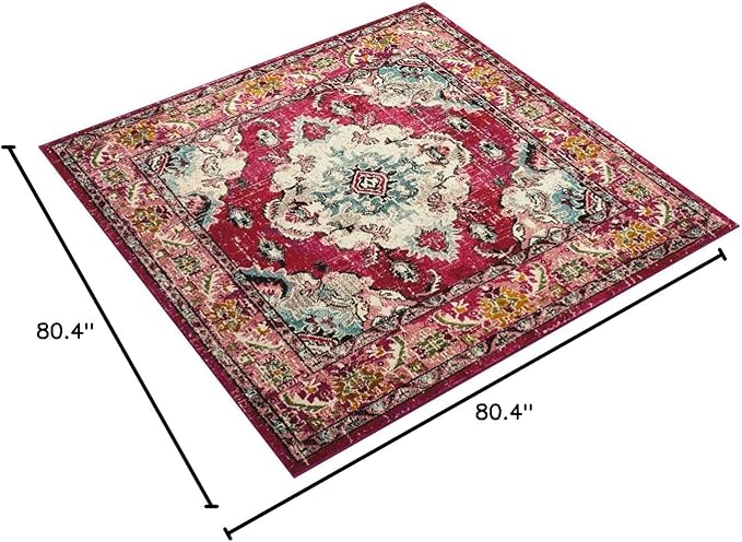 SAFAVIEH Monaco Collection Area Rug - 6'7" Square, Pink & Multi, Boho Chic Medallion Distressed Design, Non-Shedding & Easy Care, Ideal for High Traffic Areas in Living Room, Bedroom (MNC243D)