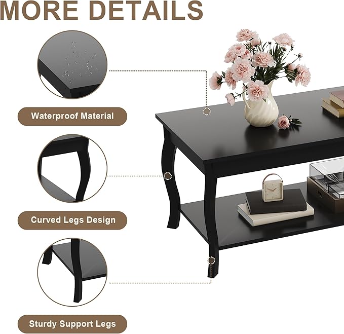 ChooChoo Coffee Table, Modern Center Table with Curved Legs and Storage Shelf, 39" Coffee Table for Living Room, Black