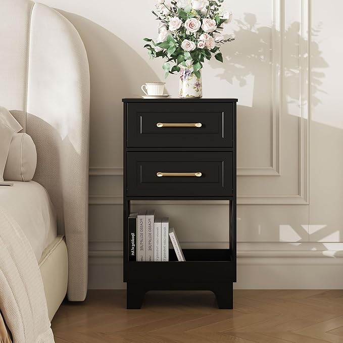 Tall Nightstand Set of 2 Side Table with 2 Drawers Modern Night Stand Wooden End Table Bedside Table with Below Open Shelf Solid Feet for Bedroom, Living Room, Black