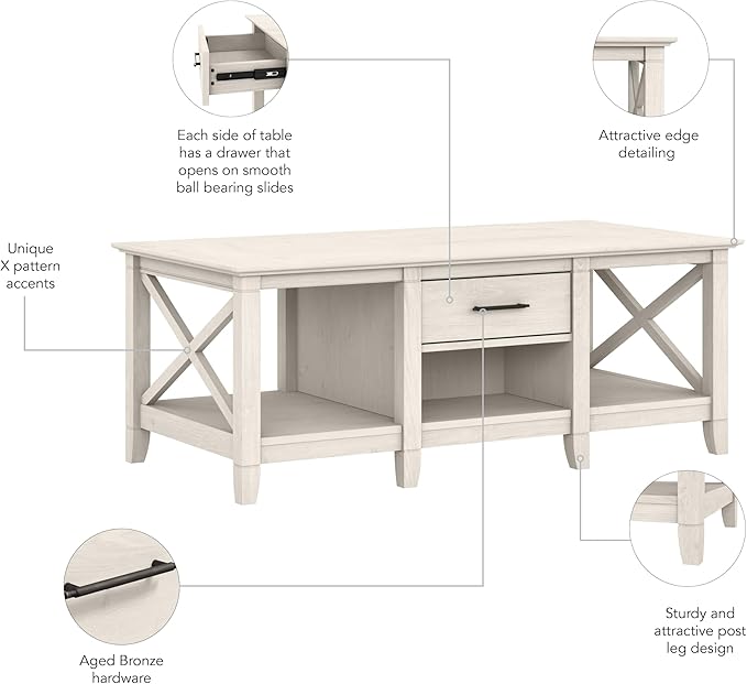 Bush Furniture Key West Coffee Table with Storage in Linen White Oak