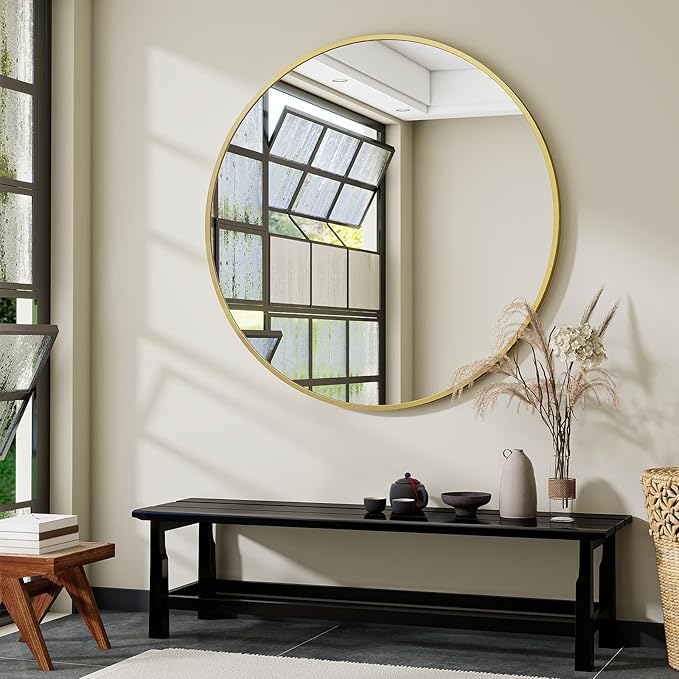 Gold Round Bathroom Mirror, 48 inch Large Circle Wall Mounted Hanging Mirror with Simple Modern Circular Metal Frame for Hallway, Entryway, Living Room, Gold Frame