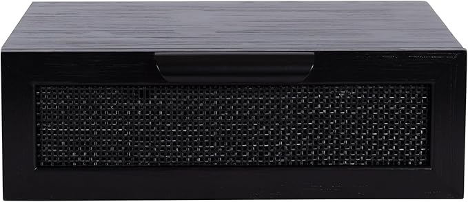Kate and Laurel Ori Transitional Cane Rattan Floating Side Table with Pull-Out Storage Drawer, 18x13x6, Black