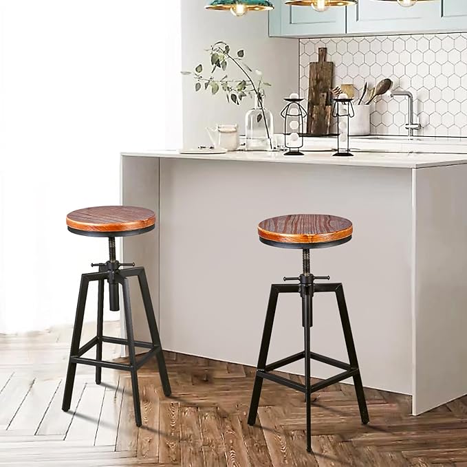 Diwhy Industrial Bar Stools, Kitchen Dining Chair, Wood Metal Stool, Adjustable Height Swivel Counter Height Chair, Black, Fully Welded Set of 2 (Brown Wooden Top)