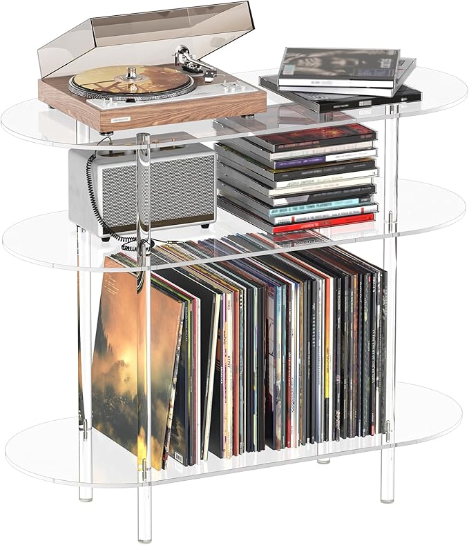 HMYHUM Acrylic Record Player Stand with Vinyl Storage, 35.4" L x 15.7" W x 30.1" H, Large Turntable Stand Table Holds Up to 200 Albums, 3-Tier Clear Vinyl Record Holder for Living Room, Bedroom