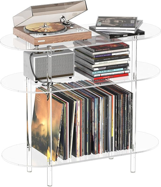 HMYHUM Acrylic Record Player Stand with Vinyl Storage, 35.4" L x 15.7" W x 30.1" H, Large Turntable Stand Table Holds Up to 200 Albums, 3-Tier Clear Vinyl Record Holder for Living Room, Bedroom