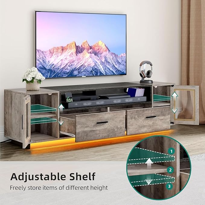 YITAHOME TV Stands for Living Room, Farmhouse TV Stand for 65/70 inch TV, LED TV Entertainment Center with Storage & Power Outlets, TV Console Cabinet, Rustic Grey