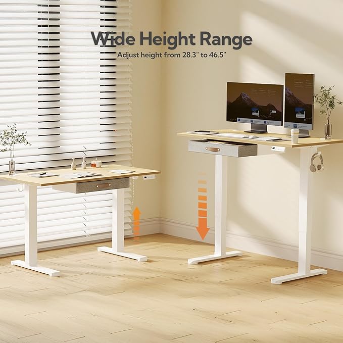 Seang Standing Desk with Drawer, 48" x 24" Height Adjustable Stand Up Desk, 3 Memory Height Settings with Cable Grommets & Storage Hooks, Ideal for Home & Office, Nature