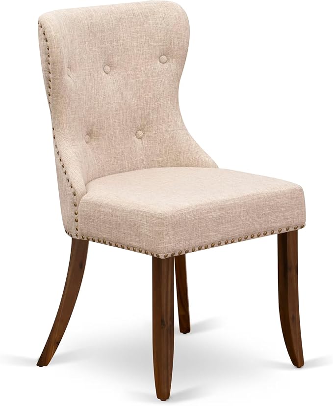 F3SI7-50N-04 7-Pc Kitchen Table Set consists of a Pedestal Table and 6 Light Tan Polyester Padded Chairs with Button Tufted- Antique Walnut