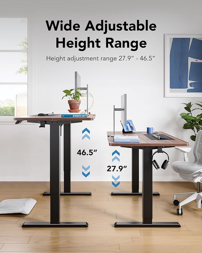 HUANUO 48" x 24" Electric Standing Desk Adjustable Height, 4 Memory Height Settings, Headphone Hook, Cable Manager, Sit Stand Up Desk for Home Office & Computer Workstation, Walnut