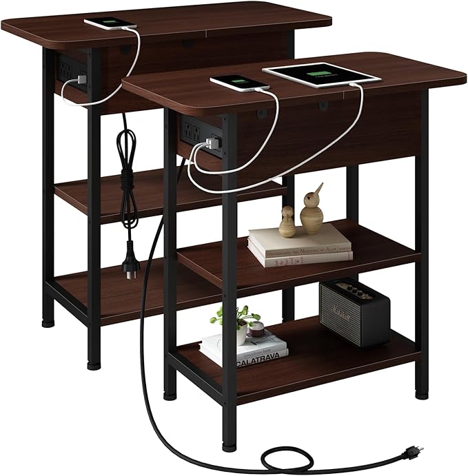 LIDYUK End Table with Charging Station, Flip Top Narrow Side Table for Small Spaces, Nightstands Set of 2 for Bedroom, End Tables Living Room Set of 2 with Storage Shelf, Cherry
