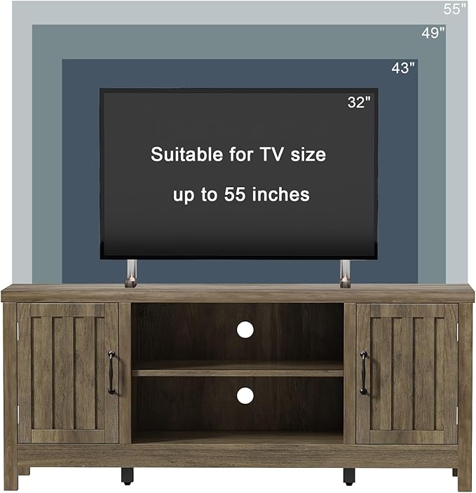 ChooChoo Farmhouse TV Stand, Wood Fluted Door Entertainment Center with Storage Cabinets and Open Shelves, Rustic Media Console up to 55 inches for Living Room, Bedroom, Grey Wash