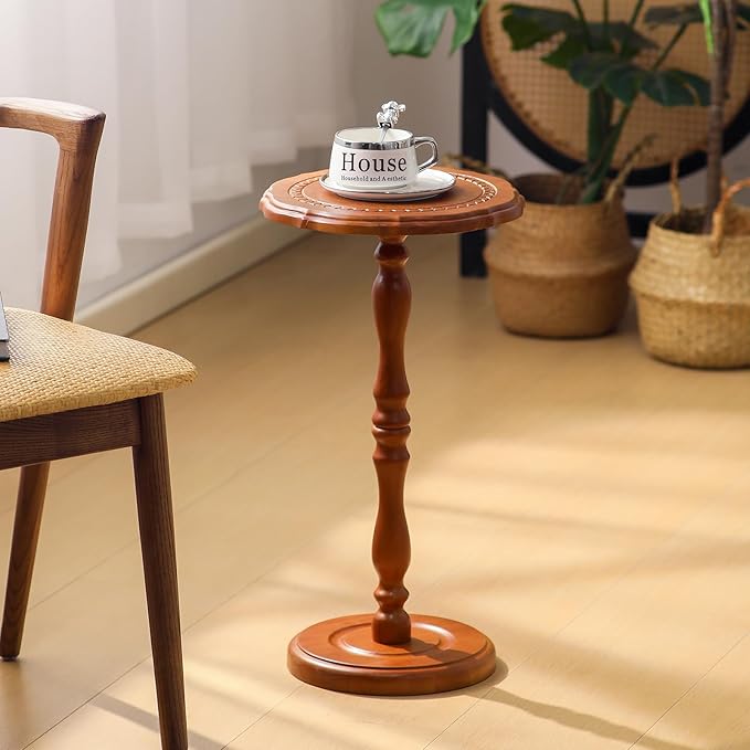 Solid Wood Side Table, Small Drink Table for Small Spaces, Round Vintage Pedestal End Tables for Living Room, Bedroom, Plant, Accent for Corners