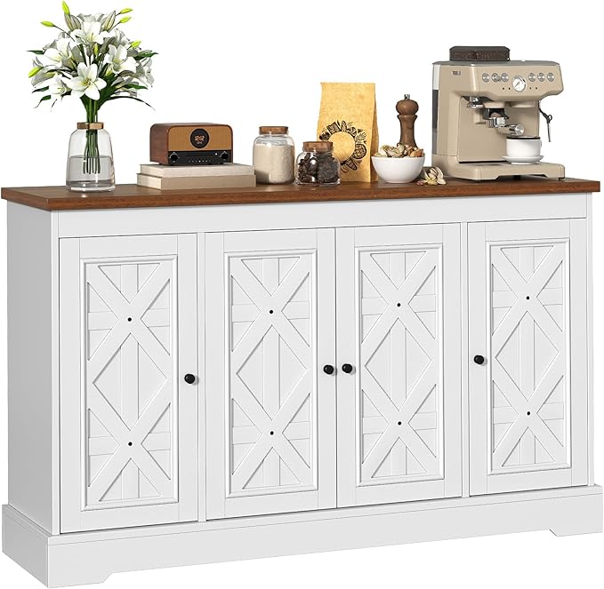 YITAHOME Sideboard Buffet Cabinet with Storage, 59" Buffet Storage with 4 Doors, Modern Farmhouse Coffee Bar Station Wood Kitchen Table with Adjustable Shelves for Kitchen, Living Room (White)