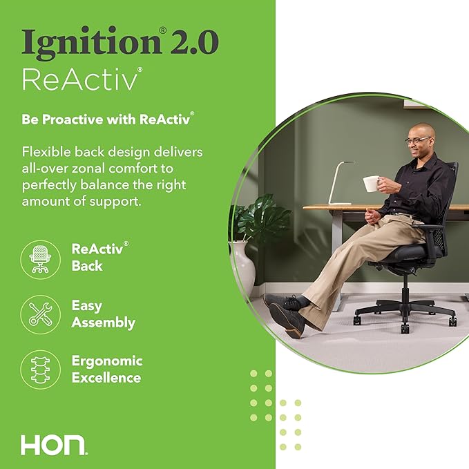 HON Ignition 2.0 ReActiv Ergonomic Office Chair, Standard Synchro-Tilt Recline, Breathable Flex Back, Swivel Wheels, Comfortable Desk Chair for Long Hours, Black Frame, Black