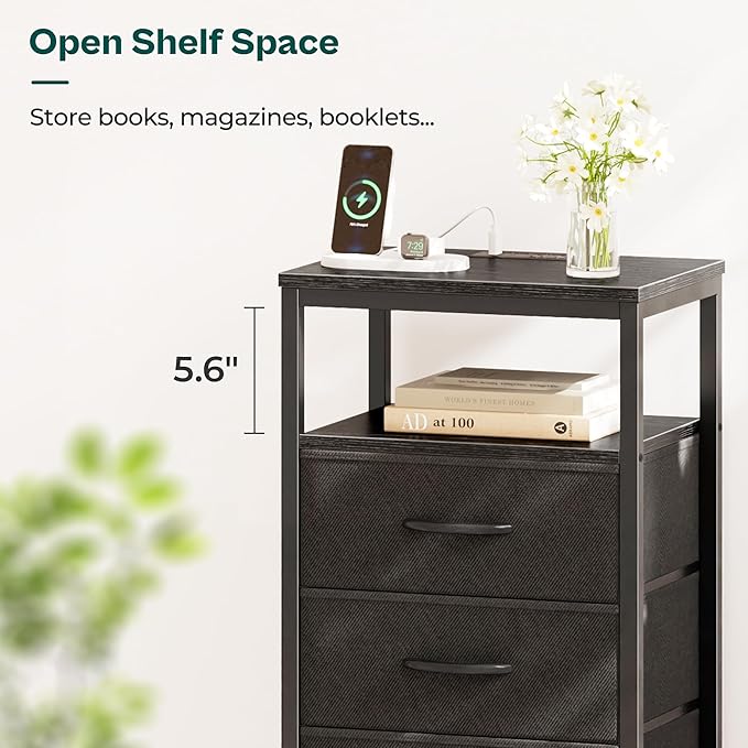 Huuger Night Stand with Charging Station, 4 Drawer Dresser for Bedroom, Bedside Table, 33.9 Inch Tall Nightstand with Open Shelf, End Table, for Closet, Entryway, Bedroom, Black