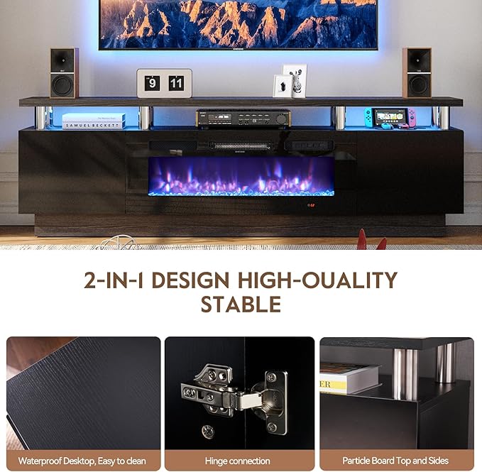 70" TV Stand for Living Room, Modern Entertainment Center & Media Console, Fits TVs up to 80", Storage Cabinet with Shelves, 36" Electric Fireplace with LED Flame (All Black)