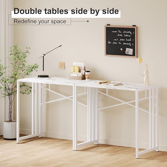 35 inch Folding Small Desk, Writing Gaming Computer Camping Desk for Small Spaces, No Assembly Required Home Office Table, White Marble