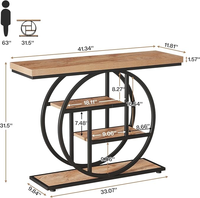 Tribesigns 41.3" Console Table, Industrial 4-Tier Sofa Table Entryway Table with Circle Base, Narrow Wood Accent Tables with Storage Shelves for Living Room, Hallway, Foyer, Light Brown