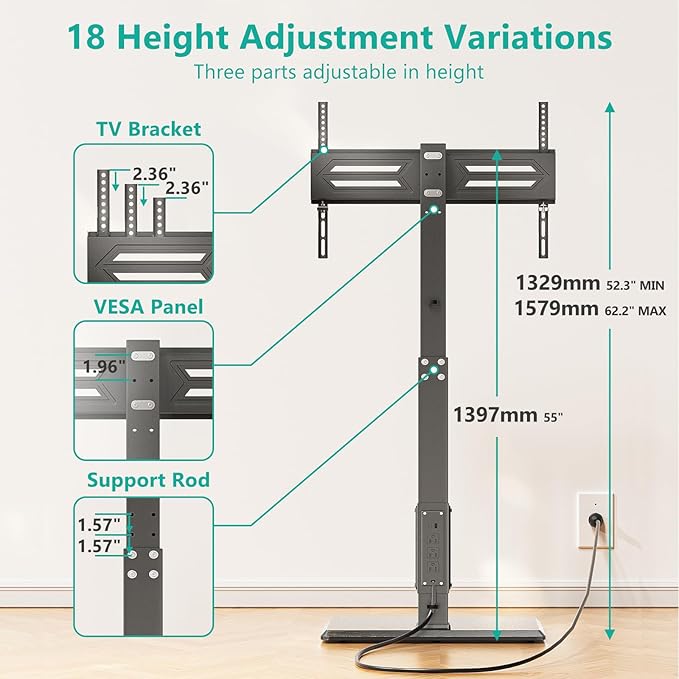 WALI Floor TV Stand with Power Outlet, Tall TV Stand Mount for 32-75 inch TV up to 110 lbs, Swivel and Height Adjustable TV Stands with Wood Base for Bedroom, Office(TVDVD-7P), Black