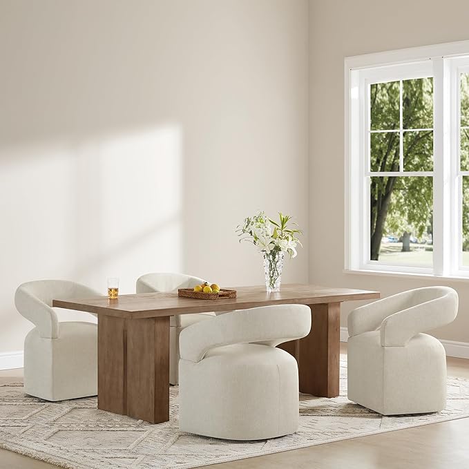 Upholstered Dining Chairs with Removable Casters Barrel Side Armchair with Rollers for Diningroom Bedroom Livingroom Reading Room, Cream Beige, 4PCS