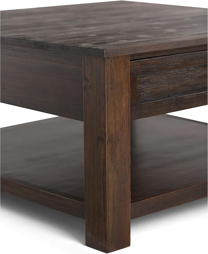 SIMPLIHOME Monroe Square Coffee Table - 38 inch Wide Solid Acacia Wood Living Room Table in Distressed Charcoal Brown, Rustic Cocktail Table for Family Room or Lounge with 2 Drawers and Open Shelf