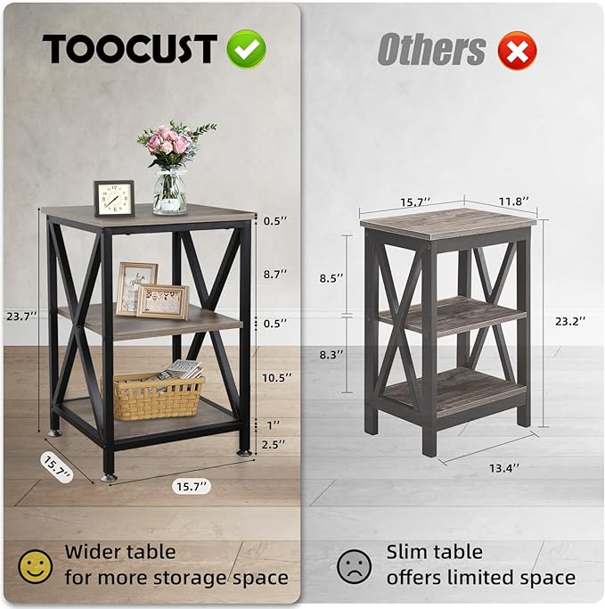 End Tables Living Room, 16" D x 16" W x 24" H, Indoor SideTables Living Room with Storage Shelf, Square End Table, X-Shaped Night Stands for Bedroom, Farmhouse Wood End Tables, Grey