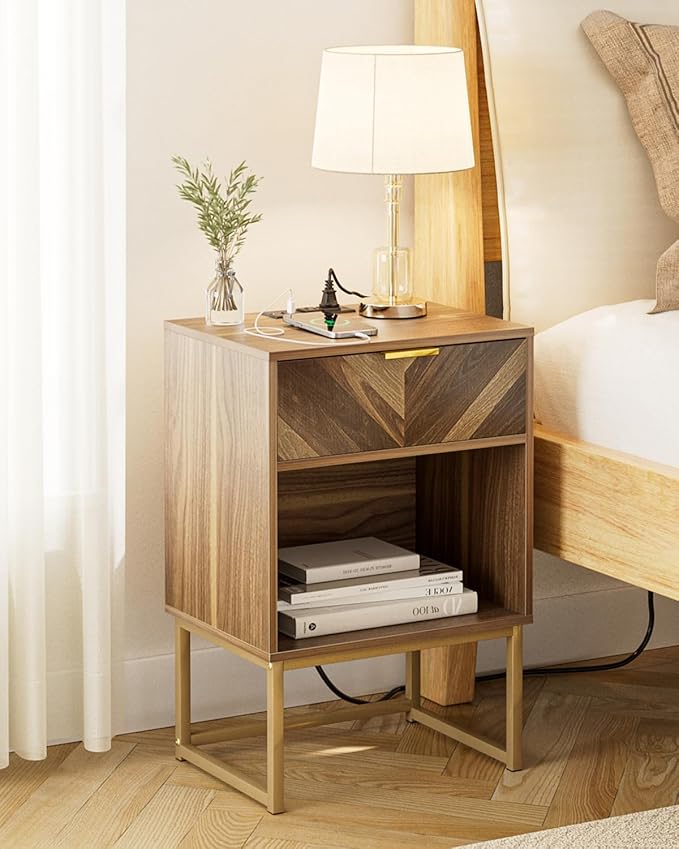 Nightstand with Charging Station, Boho Night Stand Wood Farmhouse Bedside Table with Storage, End Side Accent Table Walnut