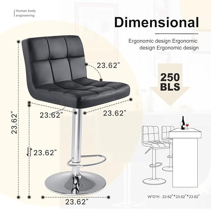 DUMOS Bar Stools Set of 2, Armless Adjustable Swivel Barstools, PU Leather Hydraulic Kitchen Counter Height Bar Stools, Thickened Seat Cushion Square Island Barstools with Back, Dark Black
