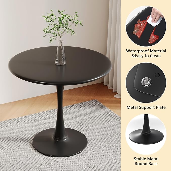 Black Small Tulip Table, 24 Inch Round Dining Table for 2 Person with Pedestal Base for Kitchen, Circle Bistro Table, Mid Century Modern Cafe Tables for Small Spaces in Living Room, Office, Pub, Bar