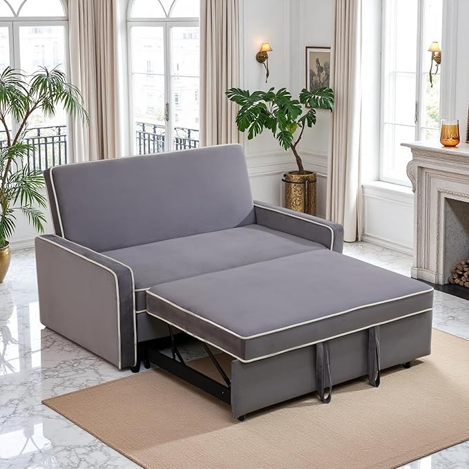 53 Inch Convertible Pull Out Sofa Bed, Sleeper Couch with Fluffy Fabric, Loveseat with Adjustable Backrest for Living Room, Bedroom, Apartment, Light Grey